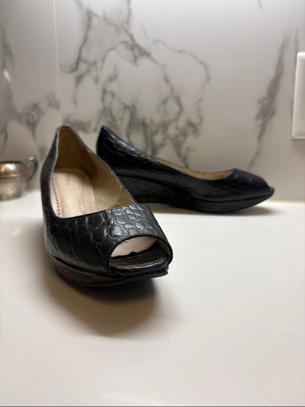 Peep-Toe Wedge Flats in Black Croc-Embossed Leather